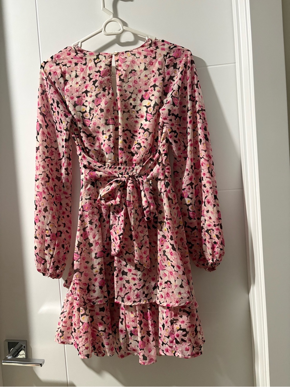 Japna Pink Floral Long-Sleeve Tiered Mini Dress with Waist Tie